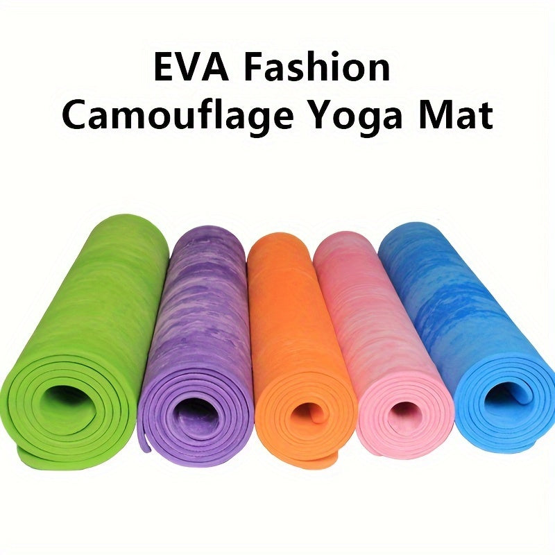 Premium EVA Camo Yoga Mat: Non-slip, sweat absorbent, shock-resistant for home fitness. Lightweight, portable with purple/blue stripe design.