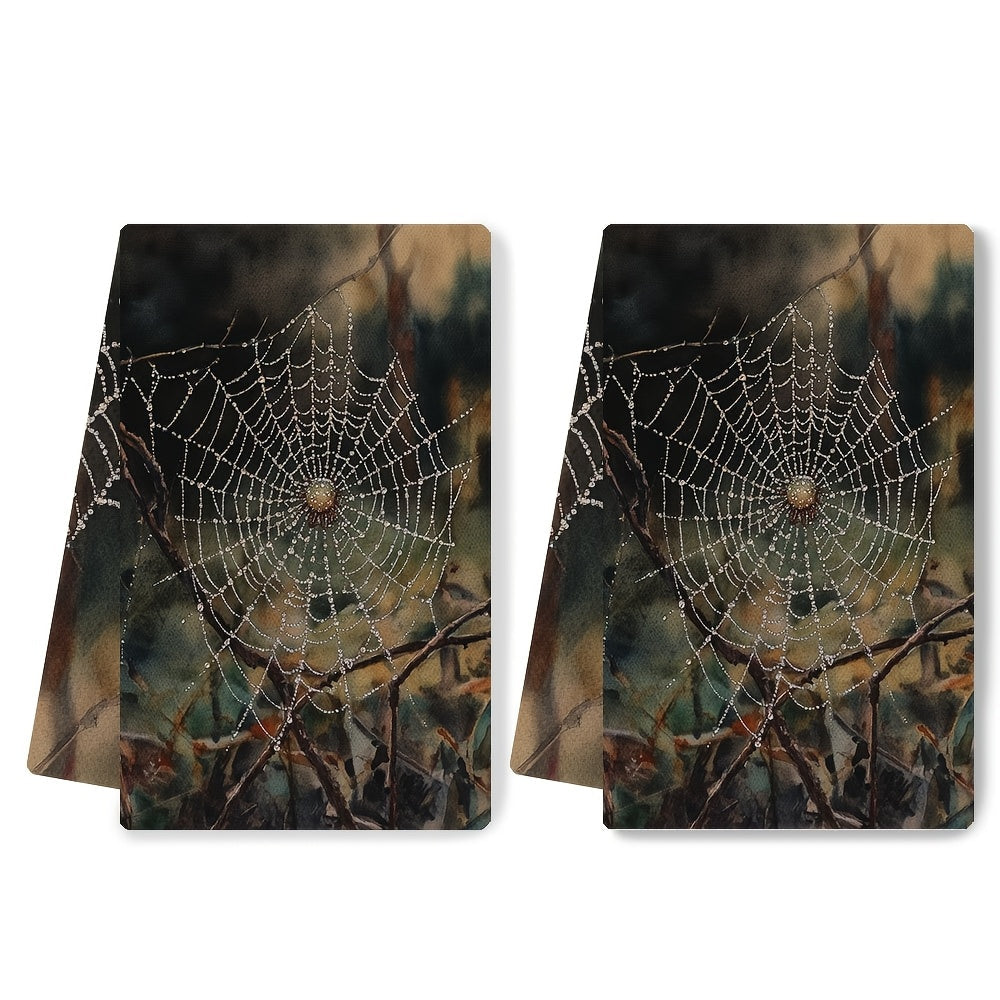 Set of 2 Ultra Plush Kitchen Towels - Beautiful Spider Web Design with Dewy Detail, Super Absorbent & Easy to Clean, Modern Style Polyester Hand Towels, 40.64x60.96 cm Perfect for Holiday Decor, Must-Have Kitchen Essentials | Stylish Kitchenware |