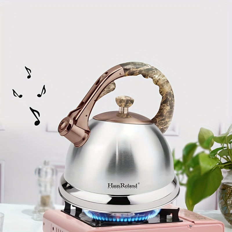 The HausRoland Tea Kettle is a 4.5L stainless steel stovetop teapot that whistles when water is boiling. It is compatible with gas and induction stovetops and does not require electricity to use. This food-grade water kettle comes with a whistle for