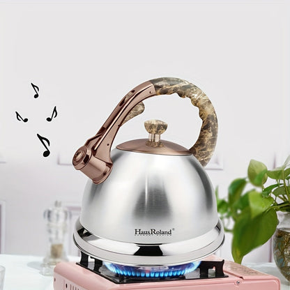 The HausRoland Tea Kettle is a 4.5L stainless steel stovetop teapot that whistles when water is boiling. It is compatible with gas and induction stovetops and does not require electricity to use. This food-grade water kettle comes with a whistle for