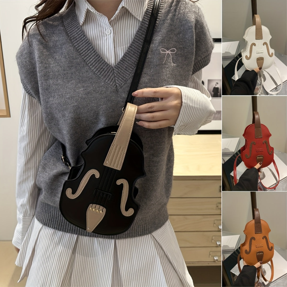 Stylish black/white violin-shaped crossbody bag with adjustable strap, perfect for casual use.