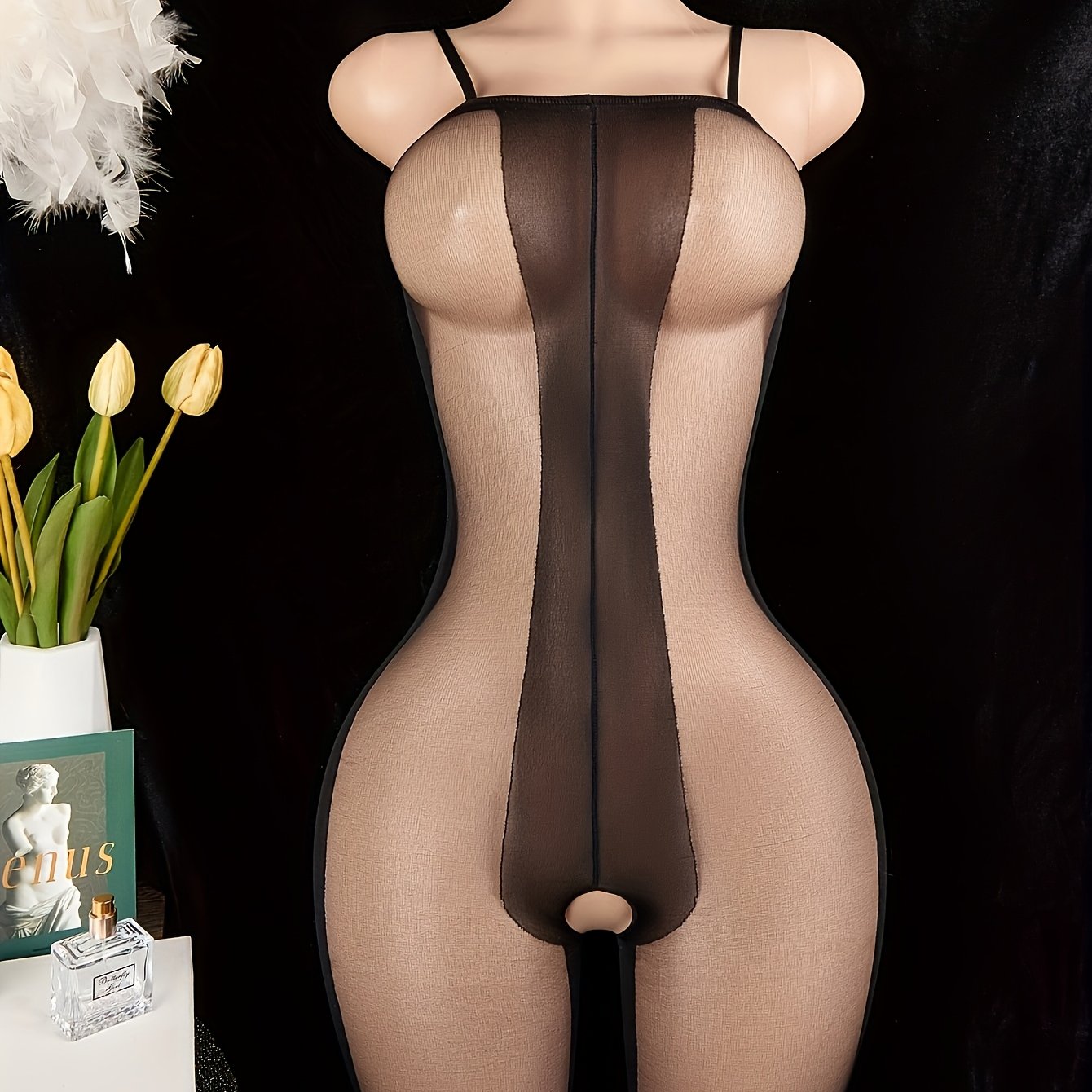 Seductive lingerie and jumpsuits for women, including open crotch and hollow designs.