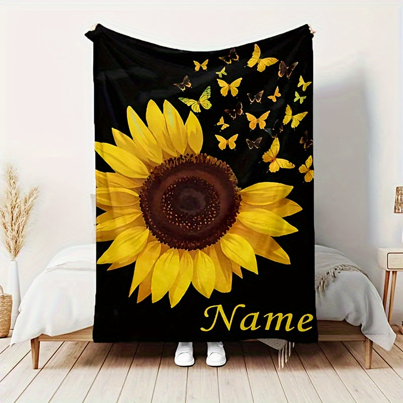 Personalize your space with a custom Sunflower and Butterfly print flannel blanket. This soft and warm blanket features a high-quality digital print that is tear-resistant and machine washable. It is also allergy-proof and suitable for all seasons. Use