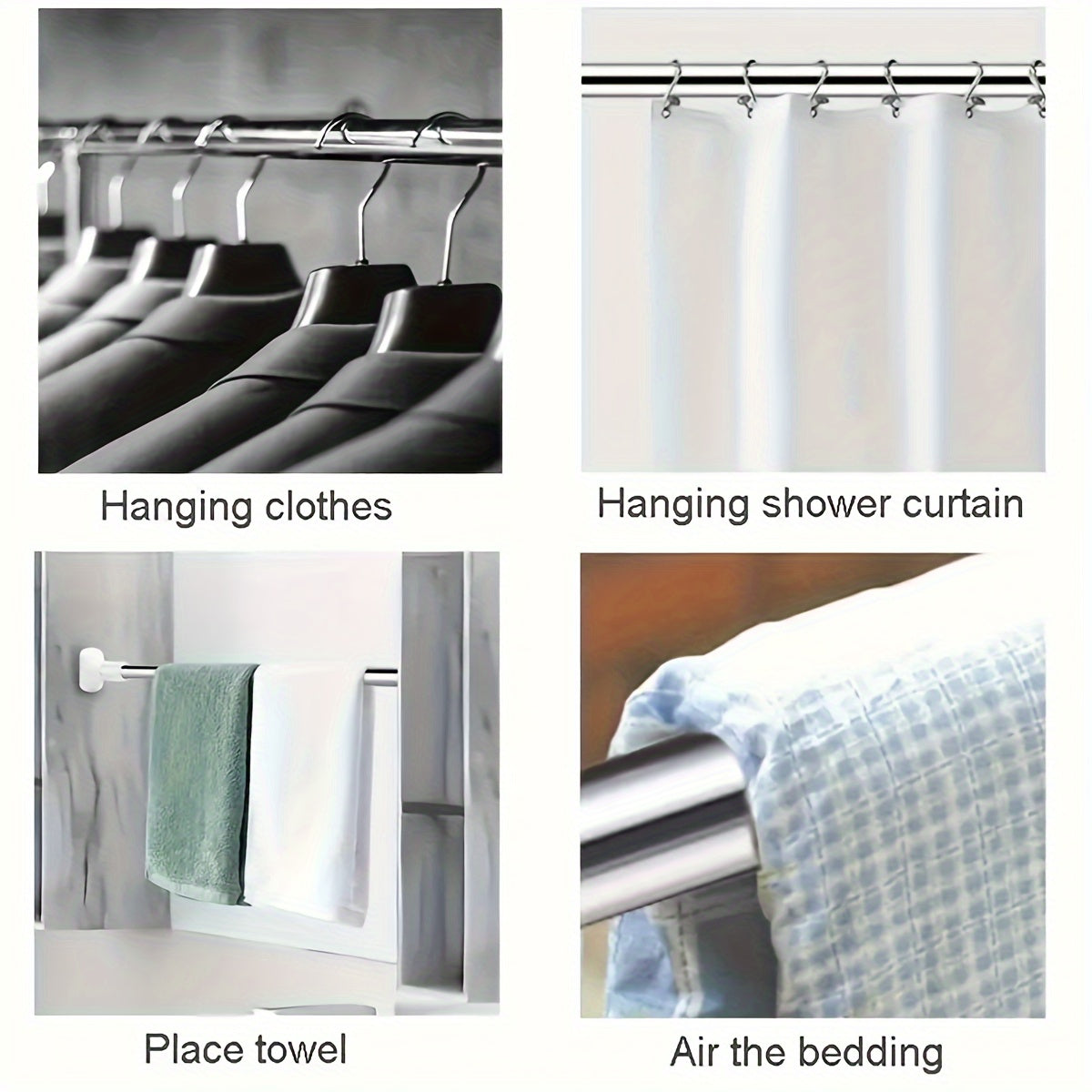 Adjustable tension curtain rod for shower, closet, window, and door. Easy installation with no drilling necessary. Great for hanging curtains, clothes, and towels.