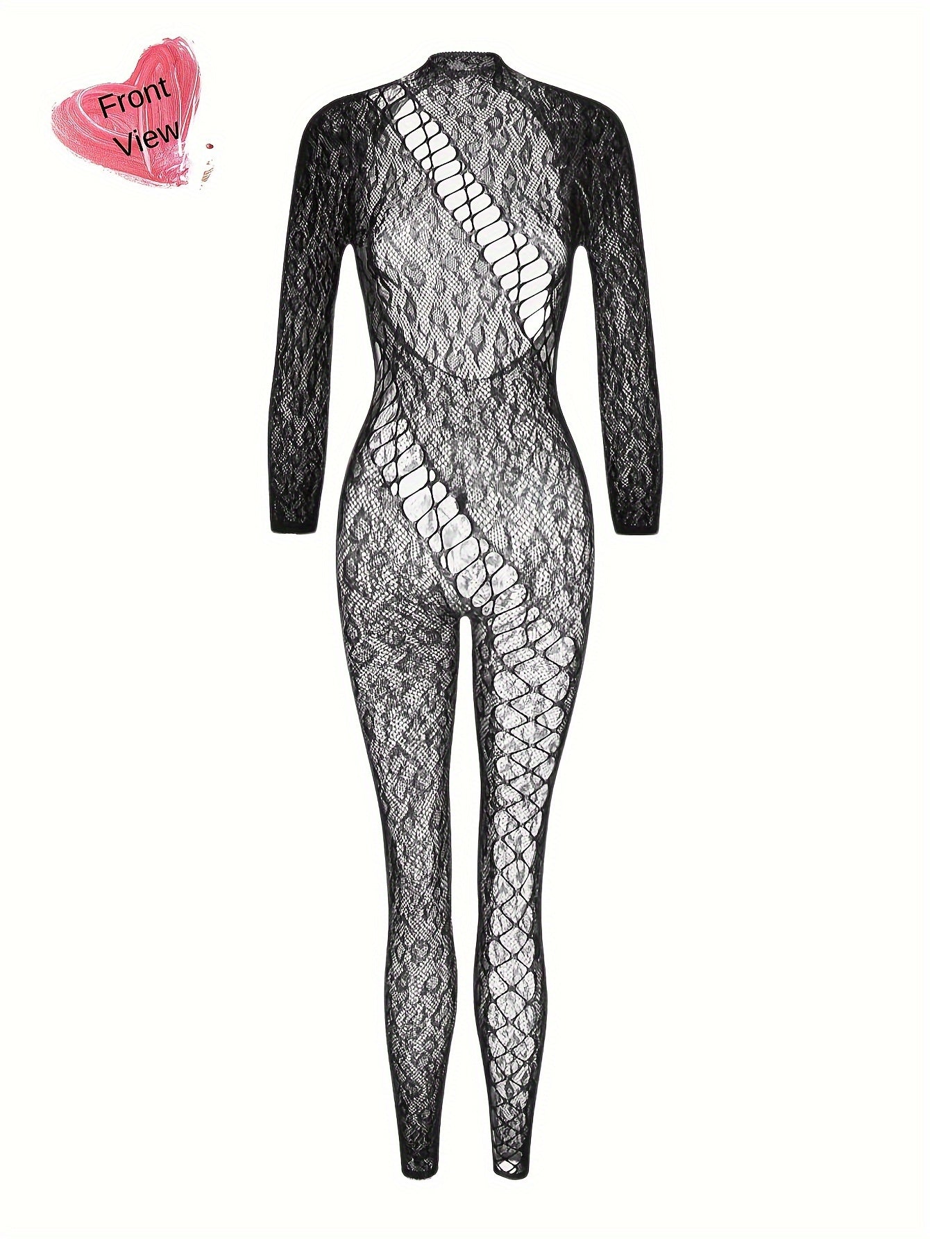 Women's Leopard Fishnet Bodystocking with Long Sleeve, Backless Design - Sexy Lingerie