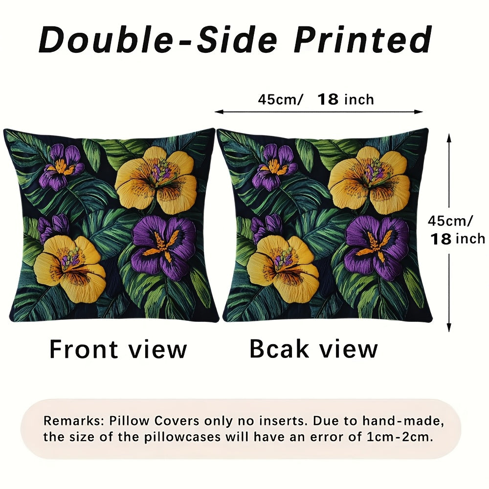 Square Pillow Cover with Tropical Floral Embroidery, Made of 100% Polyester, Double-Sided Design with Zipper Closure, Easy to Clean in Washing Machine, Ideal for Home or Office Farmhouse Style Decoration