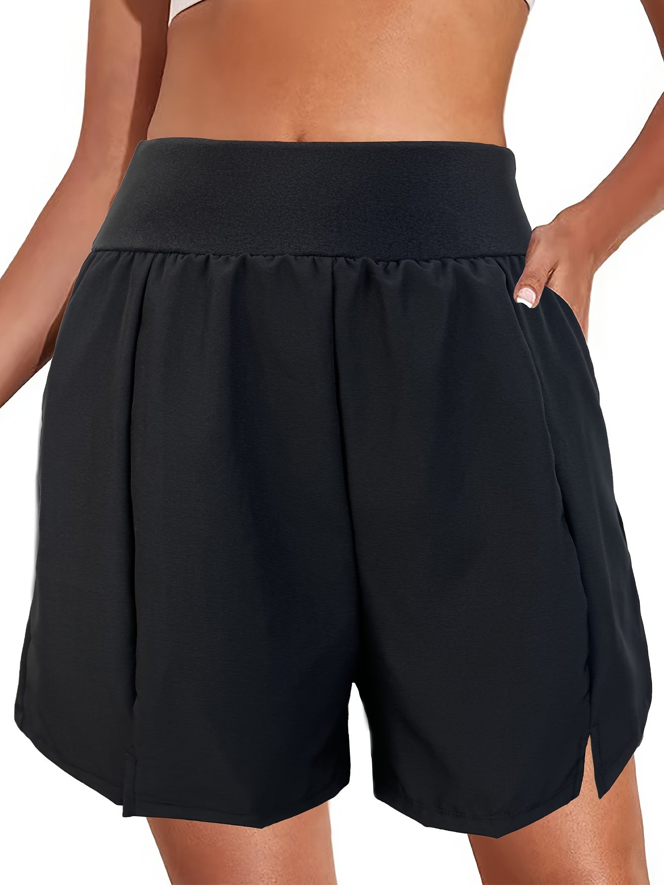 QVR Women's High-Waist Swim Shorts - Solid color, nylon & spandex blend, non-see-through, with pockets. Ideal for beach vacations.