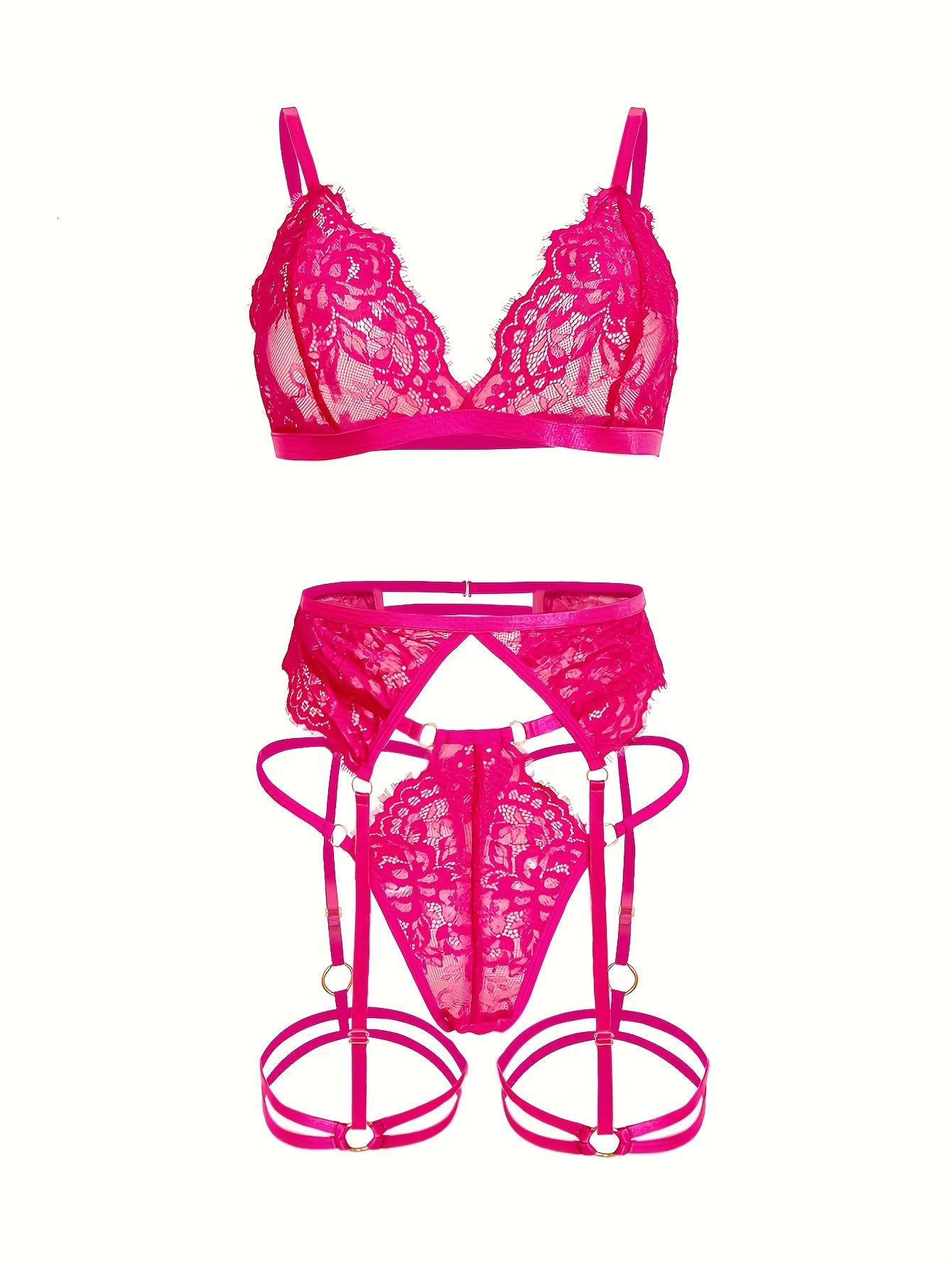 Women's 5pc Sexy Floral Lace Lingerie Set with Bra, Thong, Garter Belt & Leg Rings. Nylon blend, hand washable.