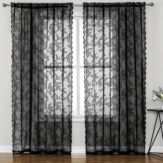 Black and white Gothic floral vintage curtain with lace details, perfect for adding a touch of elegance to any room in your home. This rod pocket window treatment is ideal for bedrooms, offices, kitchens, living rooms, studies, and more. Enhance your