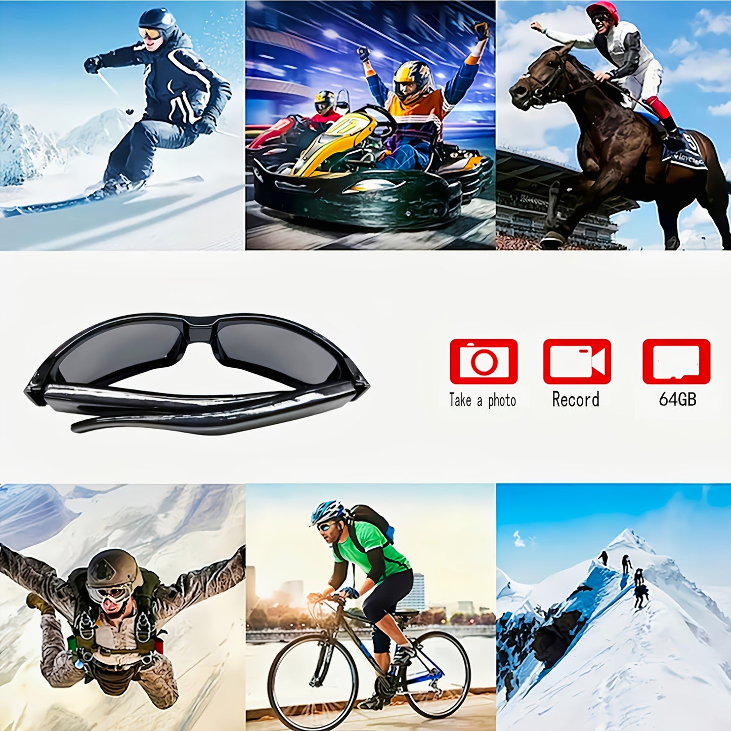 HD video glasses for sports & meetings, 1080P, 90-min battery, 75° wide angle, 64GB memory card included.