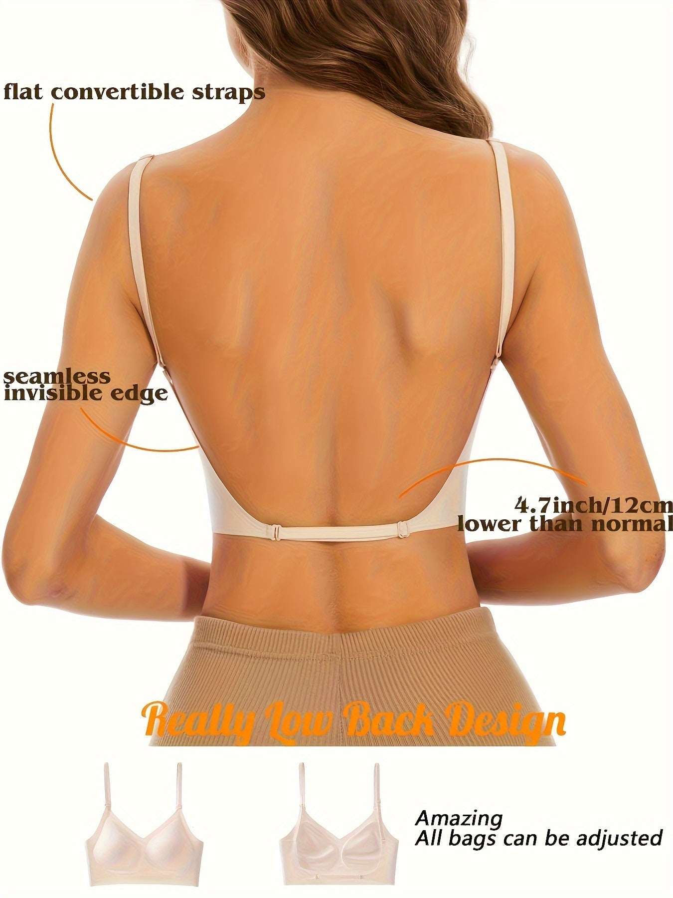 Wireless bra with removable pads, backless design, made from comfy, breathable nylon blend for women.