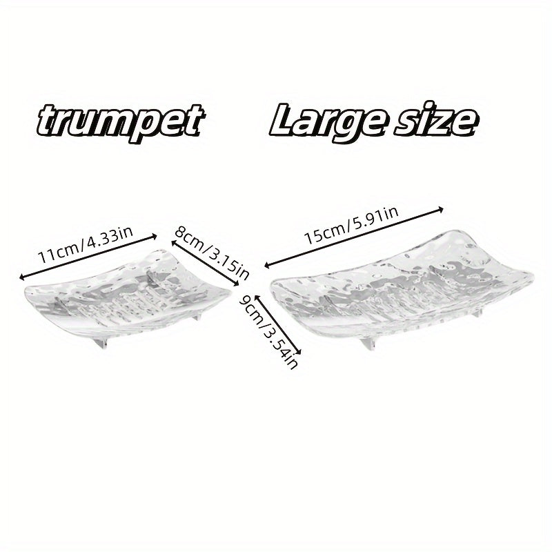 Set of two clear glass soap dishes in sizes large and small with a textured design, made of plastic and does not require electricity.