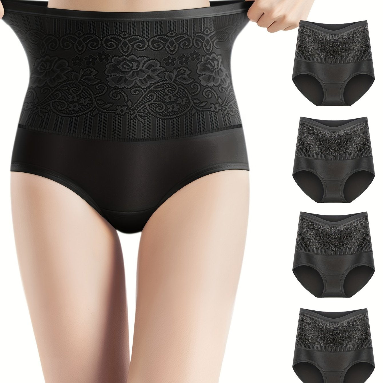 4 Elegant High Waisted Shapewear Panties for Women, Tummy Control with Butt Lifting Floral Design