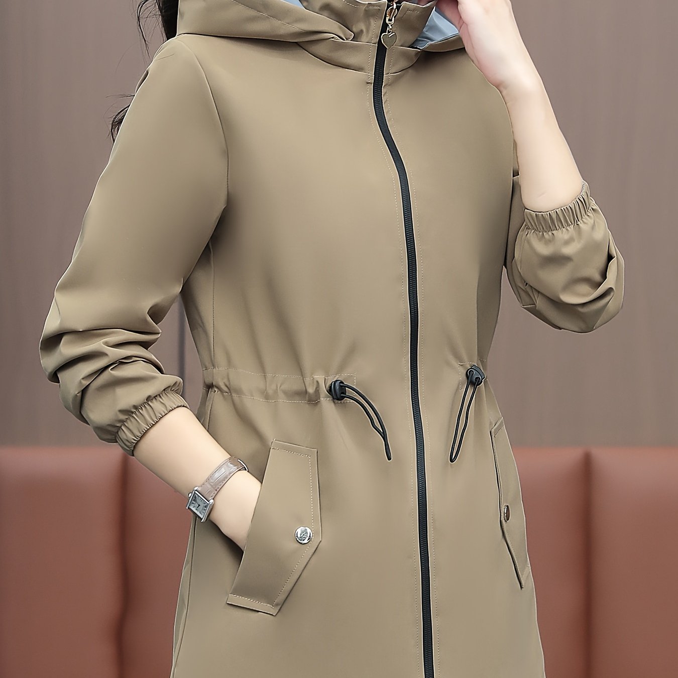 Women's Casual Zip-up Hoodie Windbreaker Jacket with Drawstring Waist, perfect for Spring & Fall.