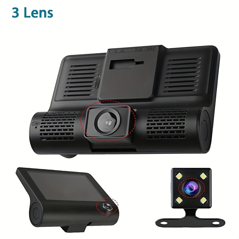 New Three-Lens Night Vision Driving Recorder with Suction Mount, 720p Video Capture, 64GB Memory Card Compatible, Push Button Control, Car Plug Power Mode, OUYAAQII Brand