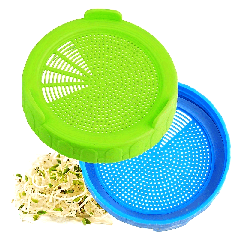 Two plastic sprouting lids designed for 86mm wide mouth mason jars. Includes 2 strainer lids for canning jars. Ideal for growing broccoli seeds, bean sprouts, alfalfa, and salad sprouts.