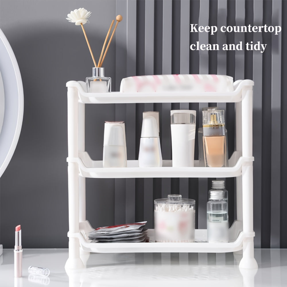 Plastic bathroom vanity organizer shelf for makeup, toiletries, and sundries storage in the bathroom.