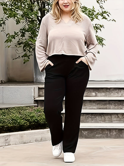 Solid straight leg pants with high waist for spring & summer in plus size