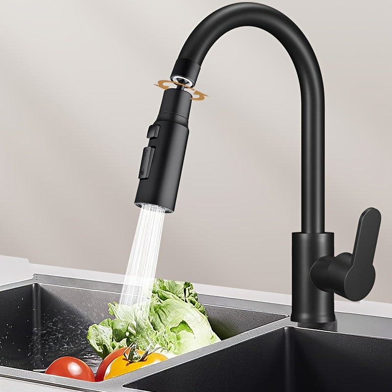 High-pressure kitchen faucet with pull-down sprayer, single handle, 2 spray modes, easy installation, durable plastic, perfect for vegetable washing and dishwashing.