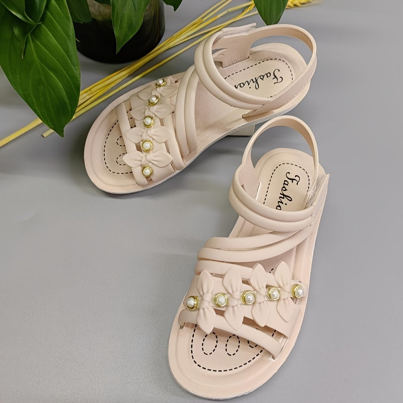 PEYOUR girls' summer sandals upgraded with soft sole, breathable design, easy wear, cute pearl & floral accents, durable for youngsters.