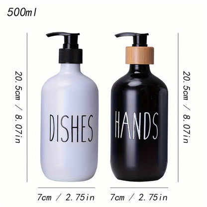 Set of 2 plastic soap dispensers for hand and dish soap, perfect for bathroom countertop storage.