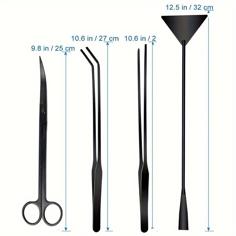 A set of 4 aquarium landscaping tools including long tweezers, scissors, spatula, and a four-in-one stainless steel aquatic plant set, suitable for fish starter kits, aquarium tanks, and