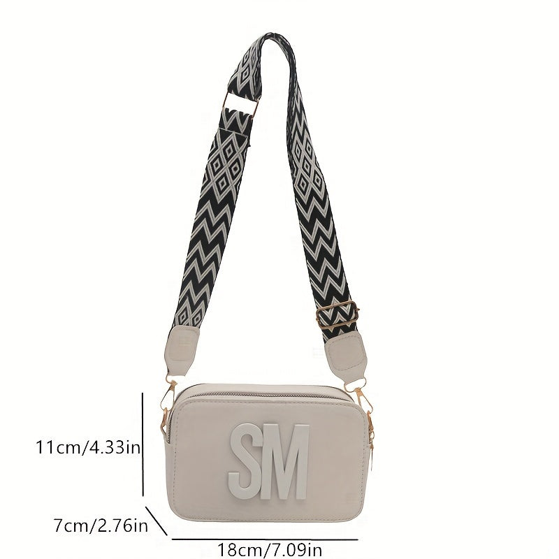 Fashionable PU crossbody bag with adjustable wide strap and zigzag pattern in multiple colors.