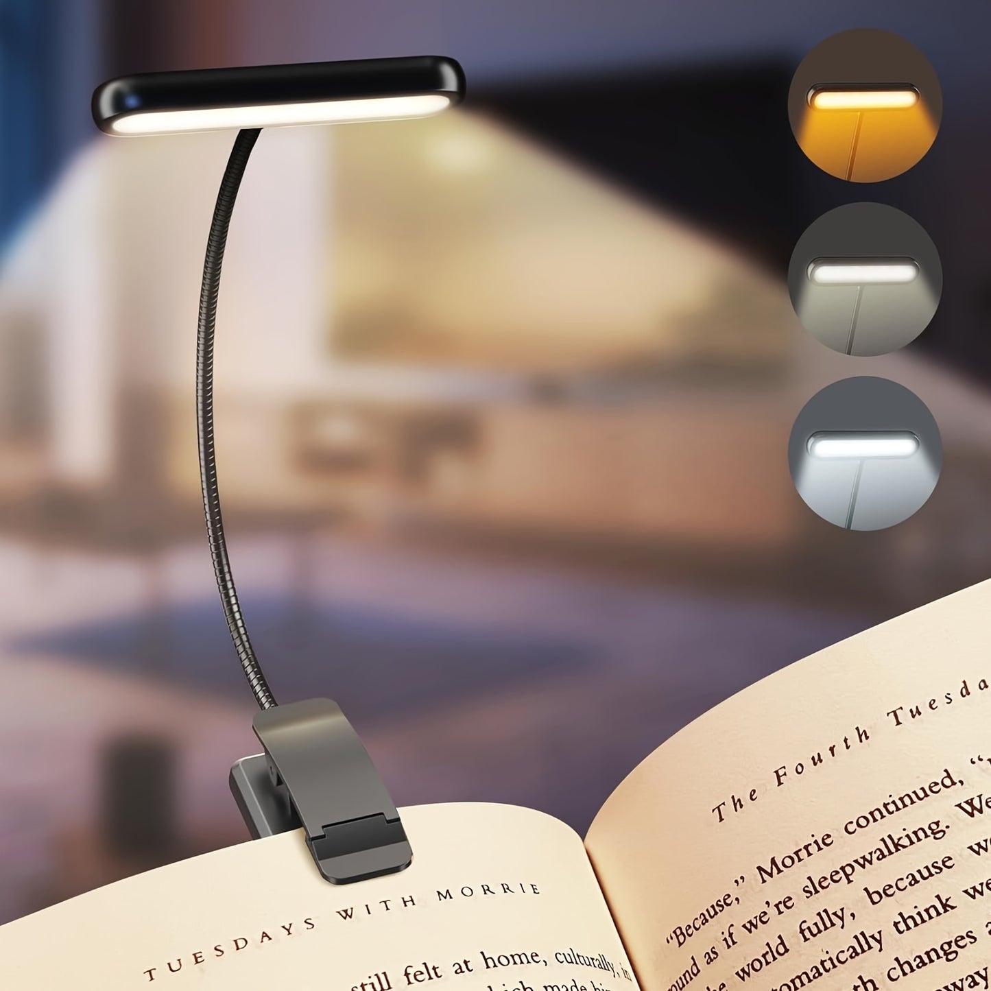 Rechargeable LED book light with dual-color temperature, adjustable brightness for reading and sleep - USB powered, aluminum body.