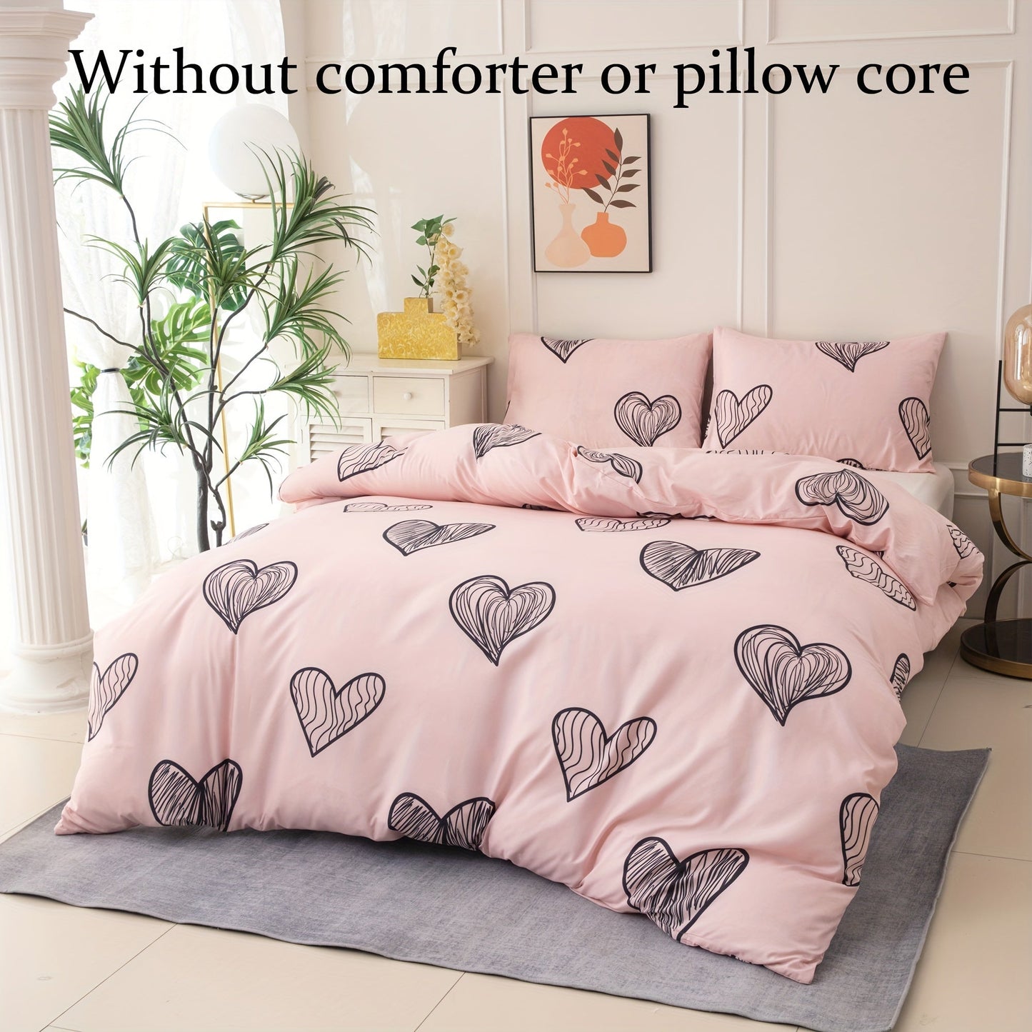 Black Heart Pattern Duvet Cover Set includes 3 pieces: 1 duvet cover and 2 pillowcases. Comforter and pillow core not included. Made of super soft and comfortable breathable material, this bedding set is suitable for both the bedroom and guest room.