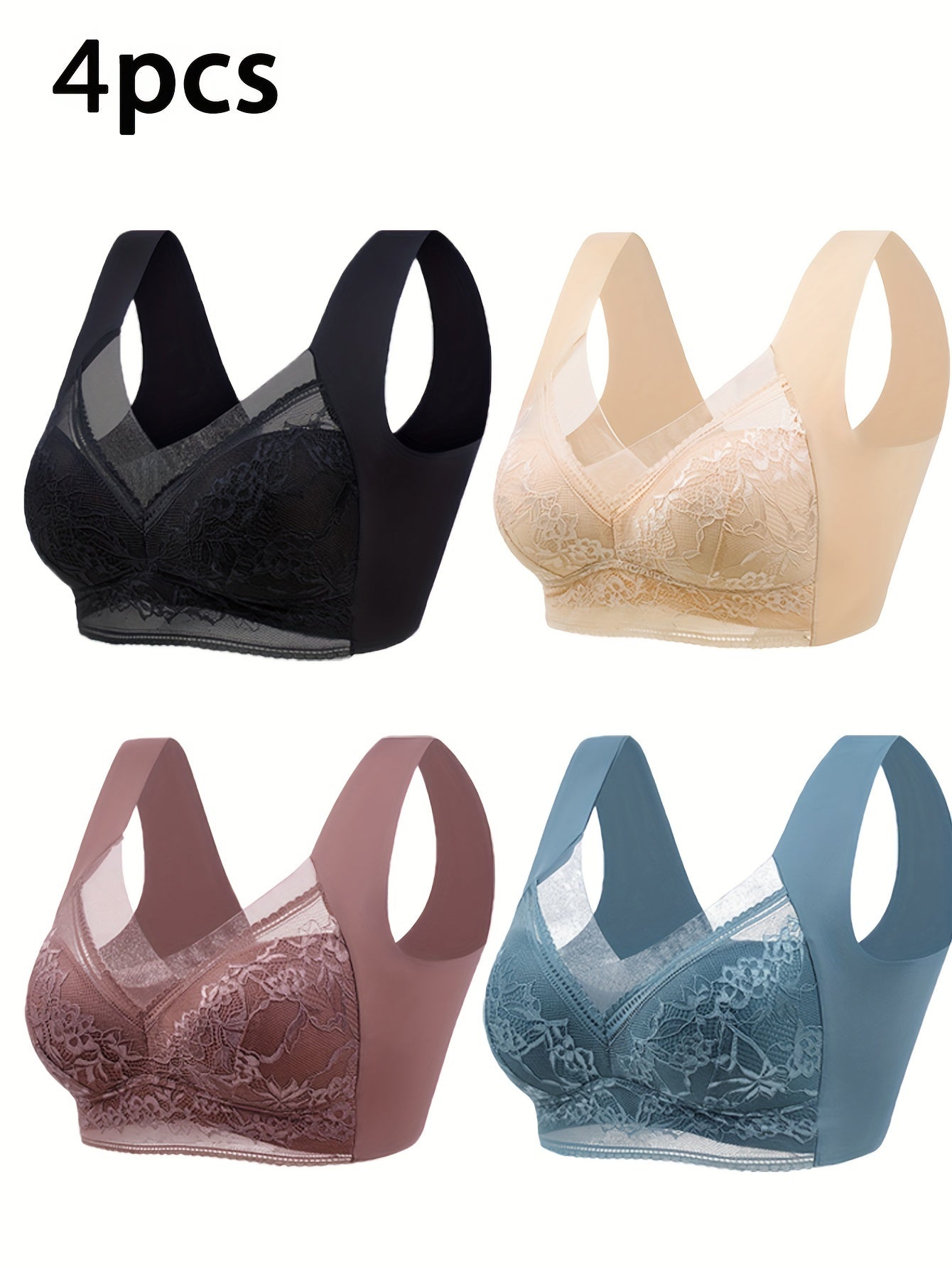 4 pieces of women's lace contrast underwear and bra, including daily bra and no steel ring underwear.