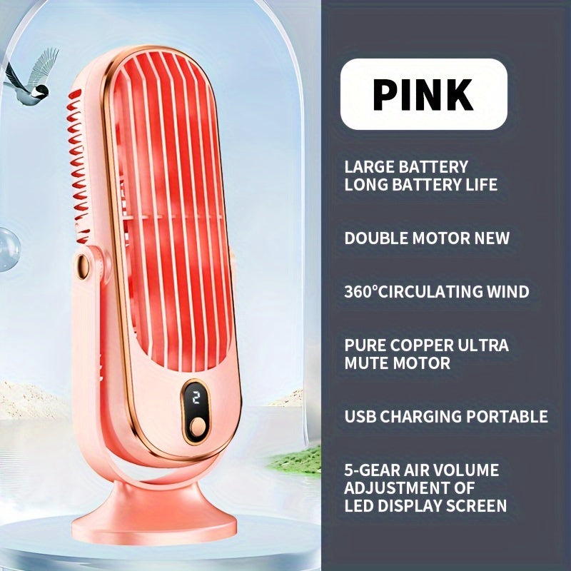 Get ready for the future with our 2025 upgraded large battery dual motor portable fashion desktop fan. This small household cool air conditioner features 5-speed wind cooling and a 720° surrounding blower for maximum comfort. Perfect for the office