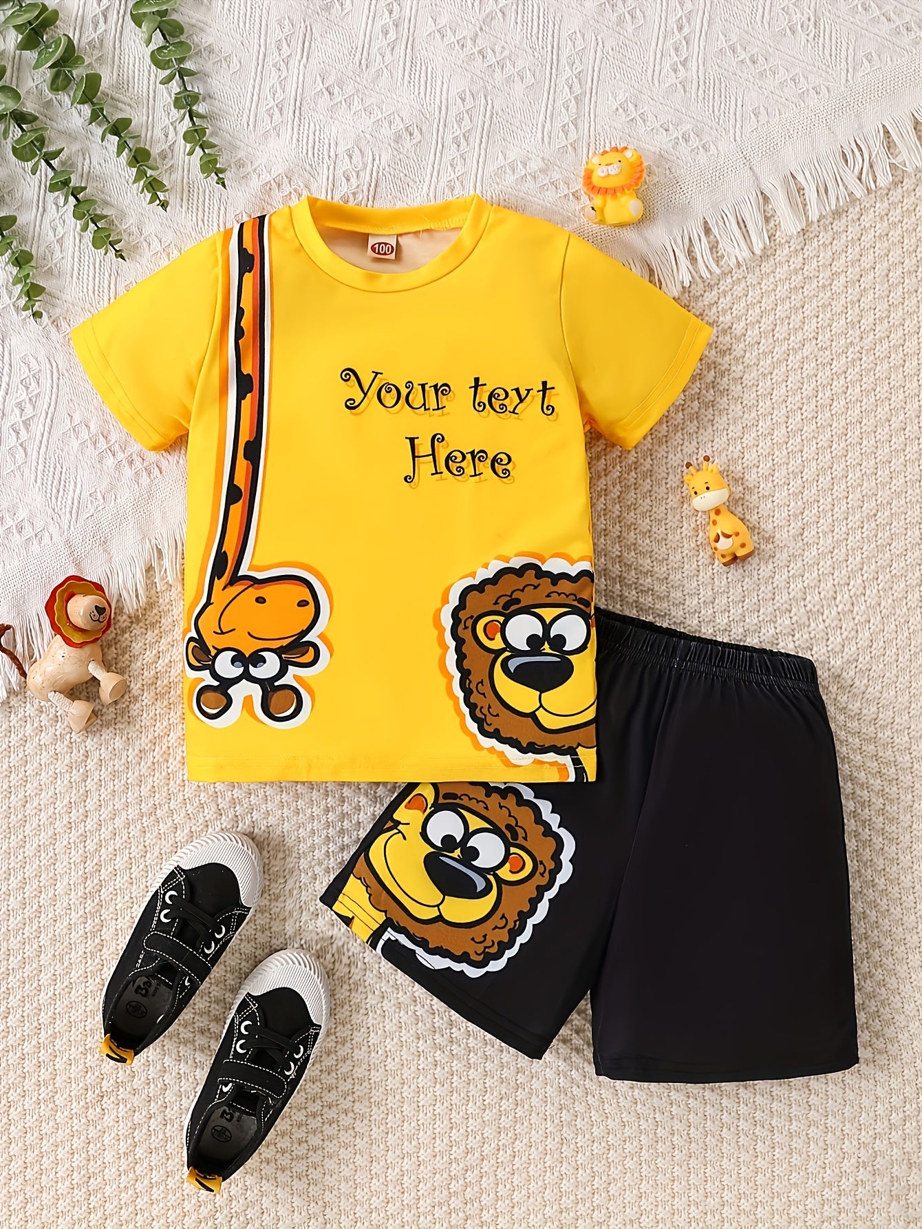 Boys' Casual Summer Outfit Set: Polyester T-Shirt with Cartoon Lion Design & Matching Shorts, Elastic Waistband, Breathable Knit Fabric - Ideal for Playtime and Outdoor Activities