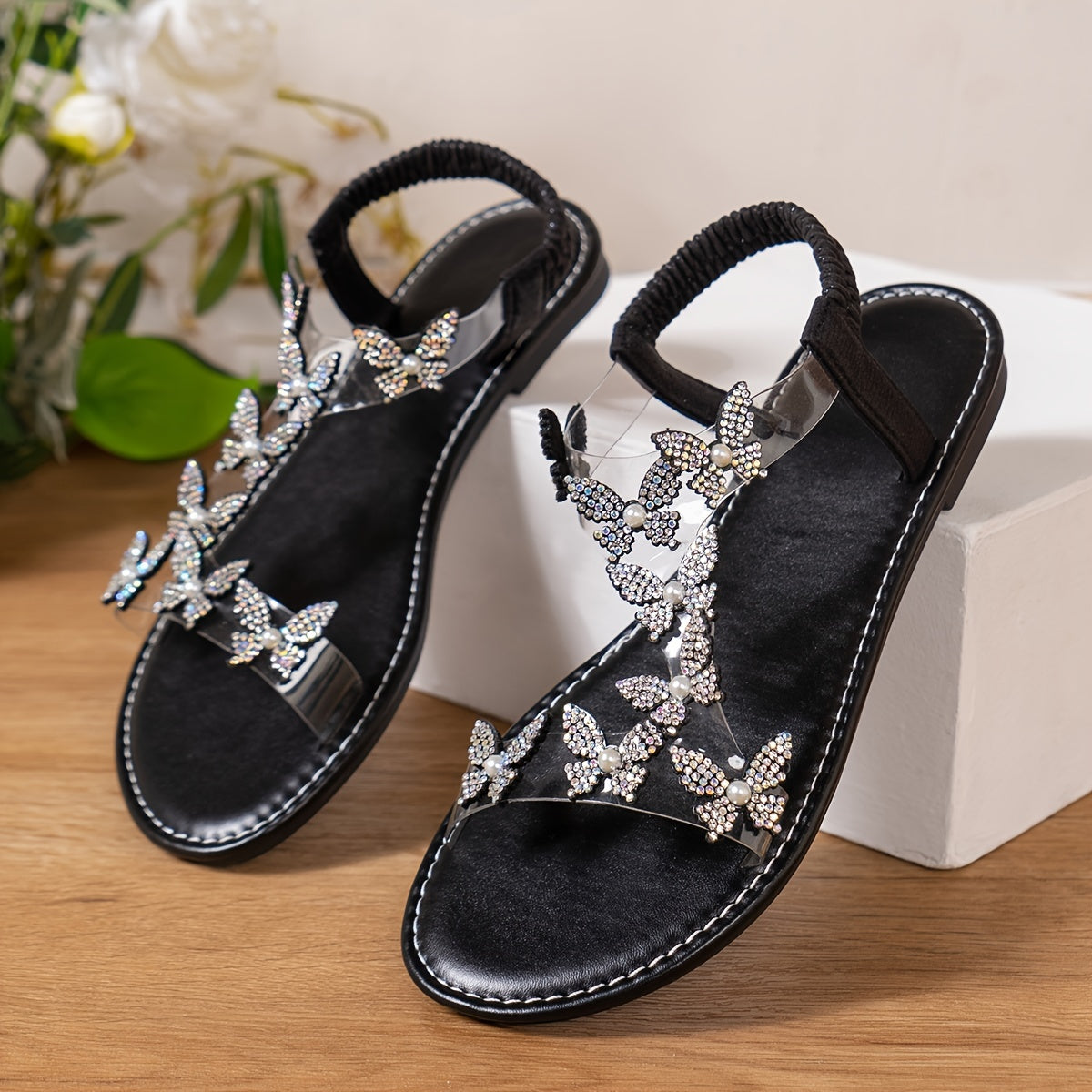 Women's Rhinestone Butterfly Flat Sandals, Open Toe Summer Shoes, Elastic Band Sandals