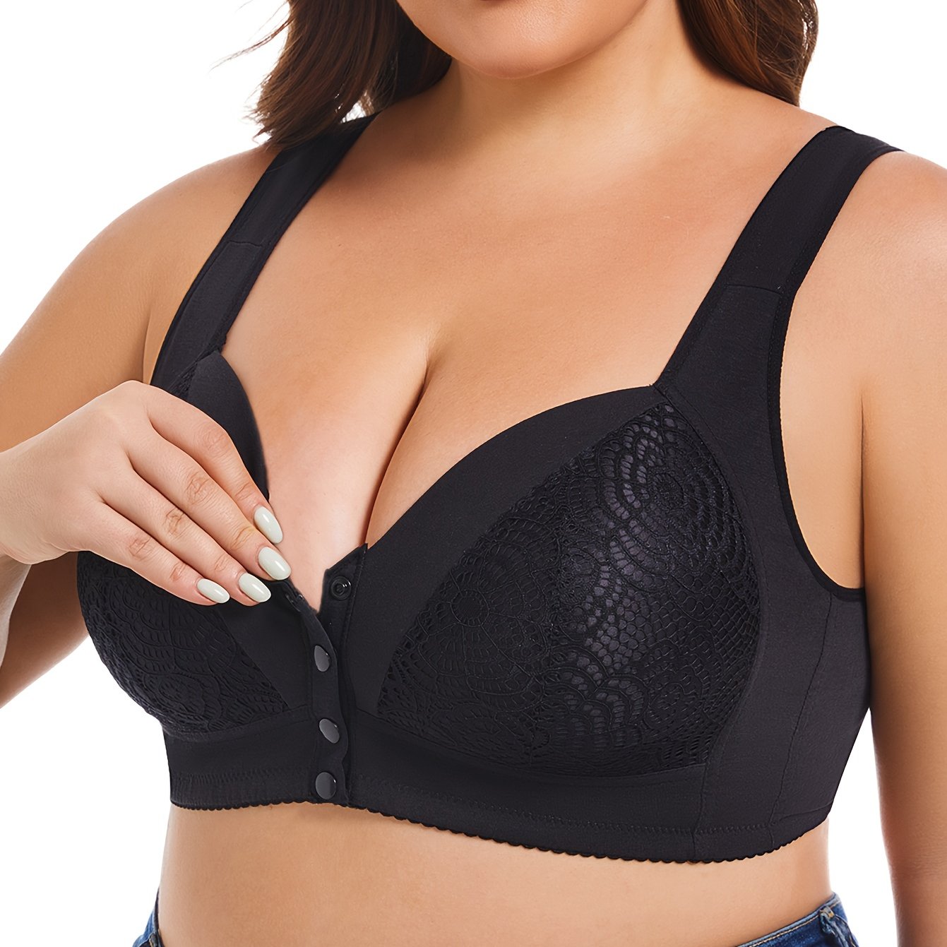 Wireless plus size lace bralette with front closure for women, full coverage, comfort fit, and non-removable pads