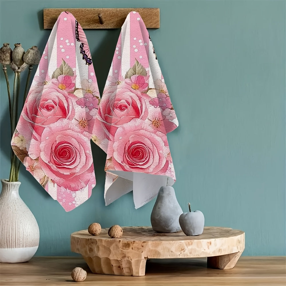 Set of 2 Kitchen Towels featuring pink roses and butterflies. Ideal for holiday decor, these ultra soft and highly absorbent dish hand towels are perfect for your kitchen. Machine washable and measuring 16x24 inches. Get the 2KYSYS1225249 design as a