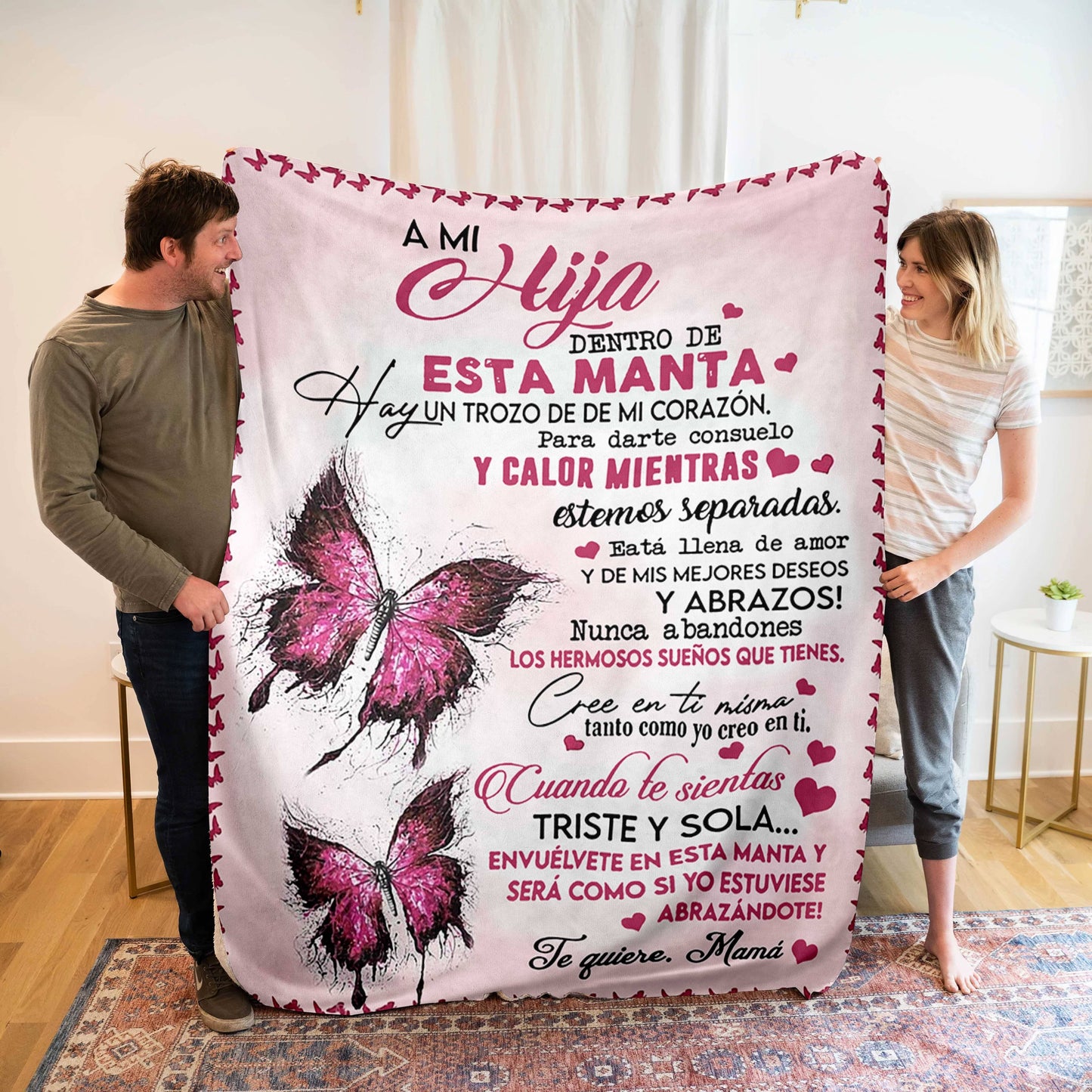 Pink Butterfly Print Spanish Letter Blanket for My Daughter from Mom - Birthday Gift, Warm and Cozy, Soft and Gentle on Skin Throw Blanket