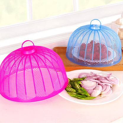 Set of 3 plastic food covers with colorful mesh screens for outdoor use. Keep flies, bugs, and dust away from your plates and bowls during picnics, parties, and in the kitchen.