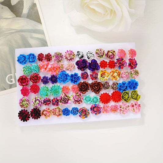 Set of 36 Boho Chic Colorful Rose Stud Earrings for Both Men and Women - Featuring Resin Flower Design, Ideal Birthday Present