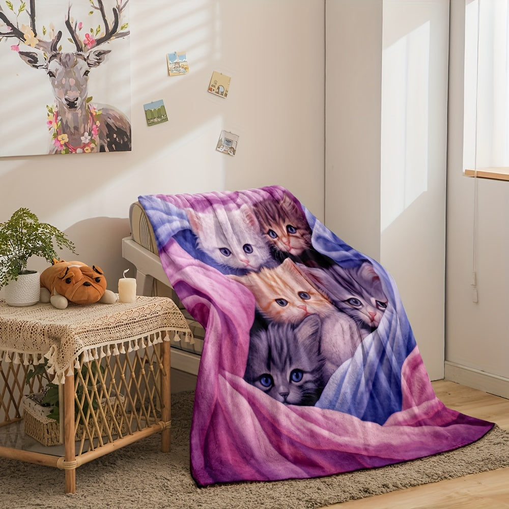 Get cozy with this adorable blue and pink kitten blanket! Perfect for any sofa, office couch, bed, or even travel and camping. This lightweight flannel blanket features digital printing and is super soft and warm. It also makes a great gift for family