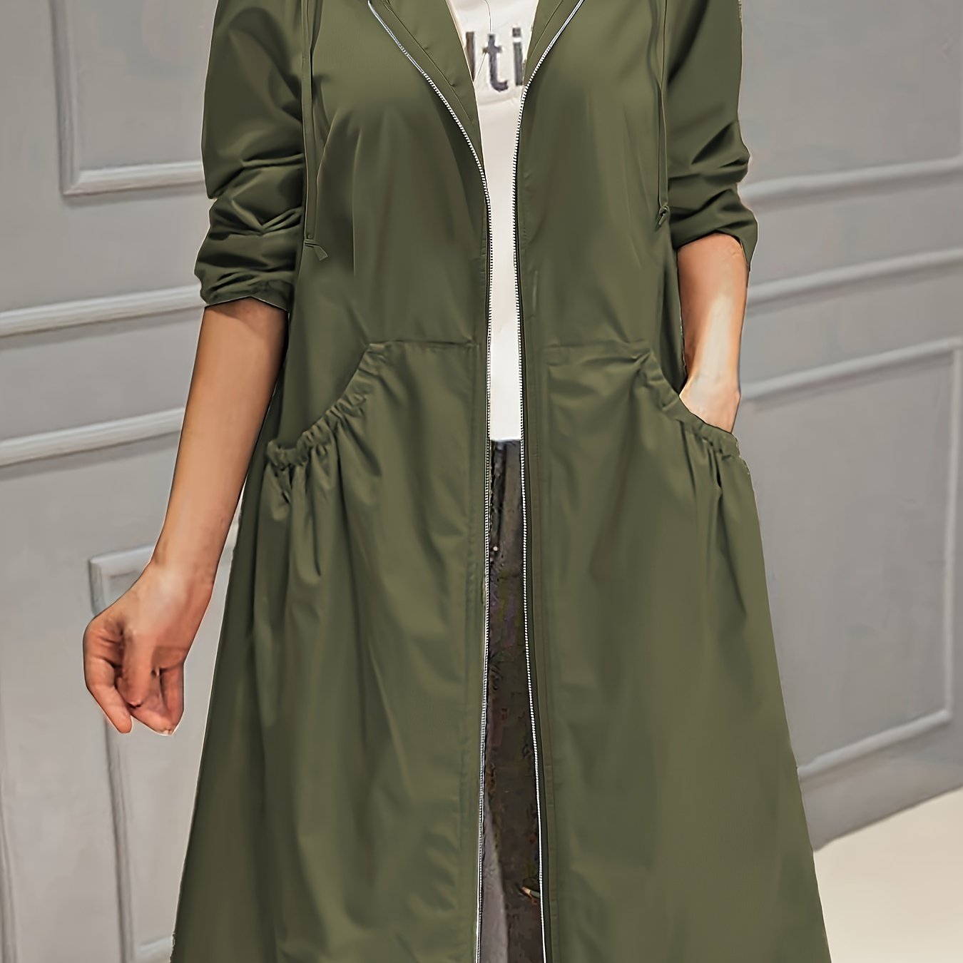 Plus Size Trench Coat with Zipper, Hood, and Pockets