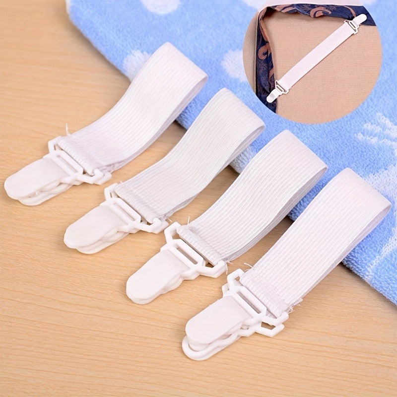 Set of 4 White Elastic Sheet Straps with Clips, Recommended for Hand Washing, Reliable Woven Fasteners for a Snug Fit