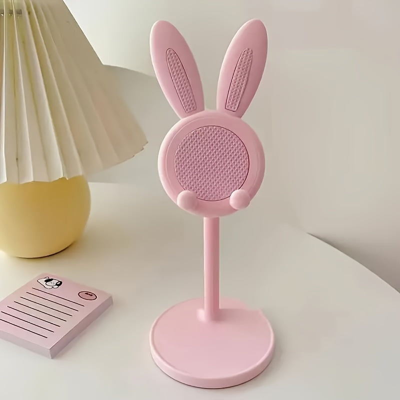 Rabbit phone holder stand with adjustable features, non-slip mat, and retractable design for selfies and live streaming.