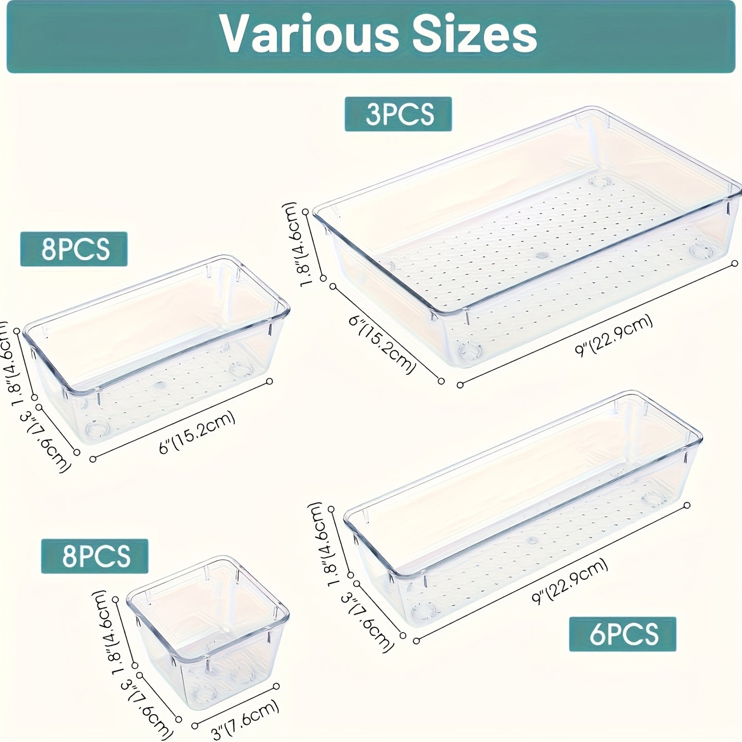 25-piece set of transparent stackable PET plastic drawer organizers with non-slip partitions for kitchen, bathroom, cosmetics, and jewelry organization.