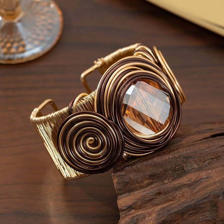 Handcrafted Boho Elegance: Adjustable Copper Cuff with Zirconia Stone, Wire-Wrapped, No Plating, Perfect for Parties and Vacations - Single Piece Pack