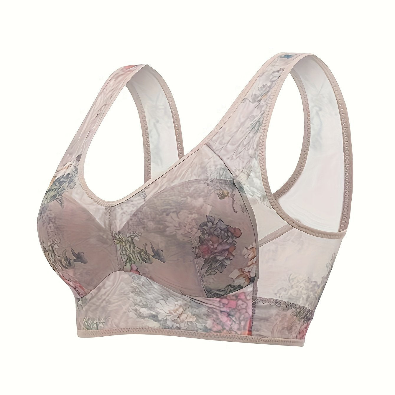 Floral print wireless bralette with sheer mesh back and vintage rose design. Non-padded, full coverage with lift and support. Machine washable, soft nylon blend. Casual lingerie with smooth