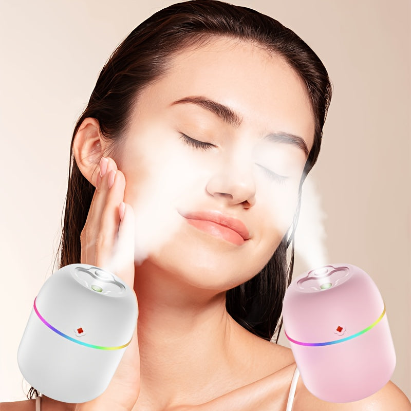 USB-powered humidifier with night light for relaxation in bedroom, office, and car, comes in white and pink.