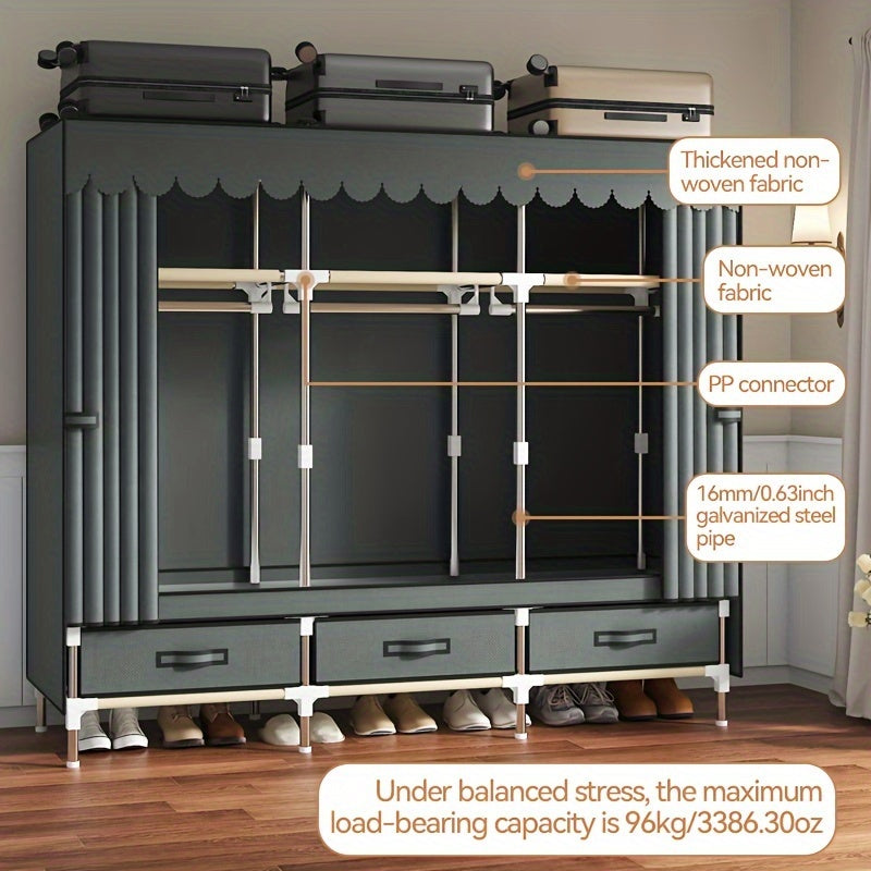 This modern wardrobe features a durable steel frame and sliding curtain for a sleek and space-saving design. Perfect for bedroom or dorm storage, this portable closet is both sturdy and stylish.