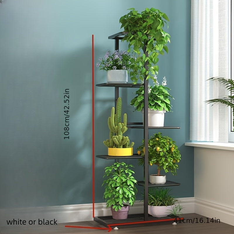 Multi-tier metal flower stand suitable for various settings like living rooms, balconies, and gardens. Ideal for displaying potted plants and books.