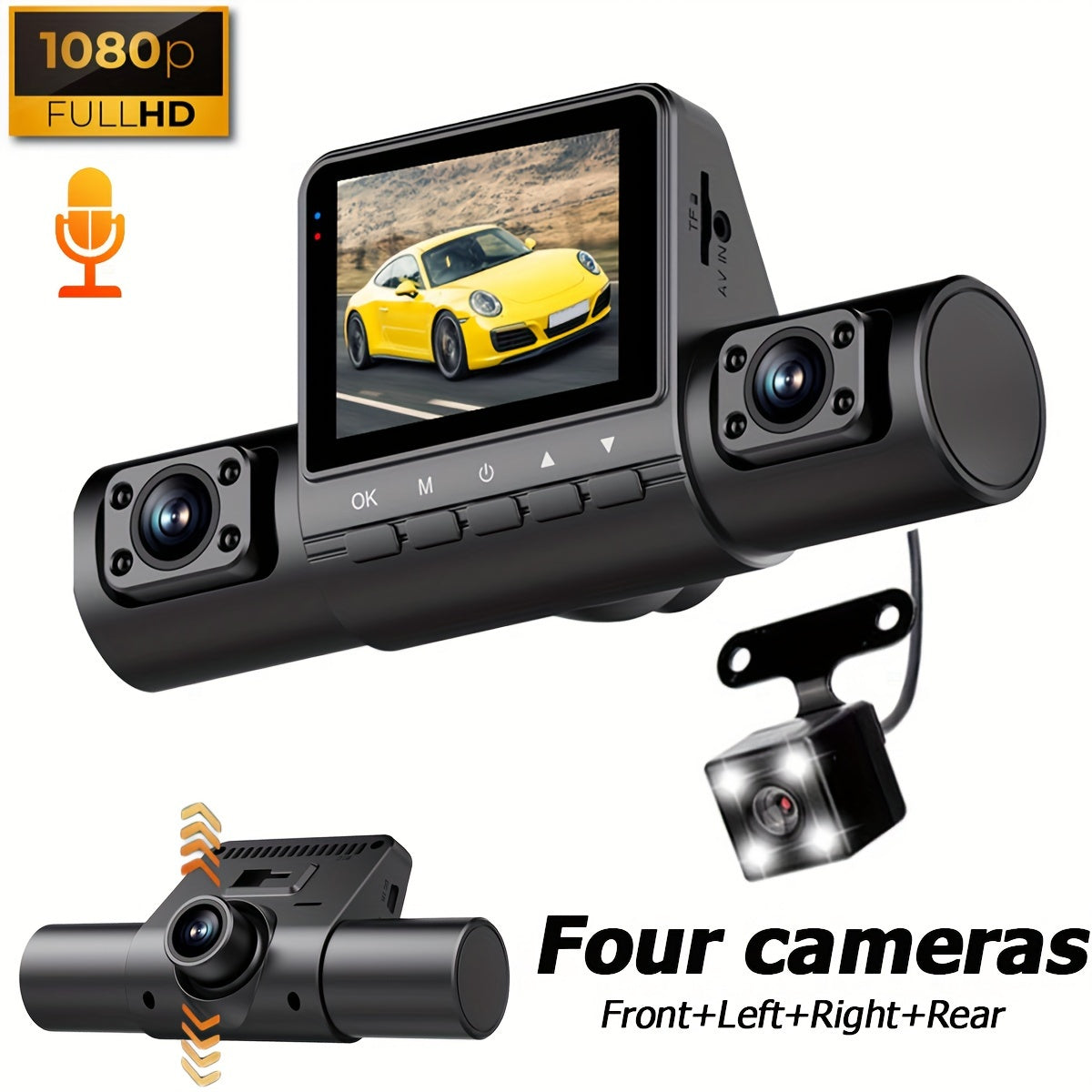 4 Channel Vehicle Camera with 1080P Car DVR Video Recorder for Driving Dash Cam. Features 1080P front and 720P left/right rear night vision, loop recording, and 24H parking monitor.