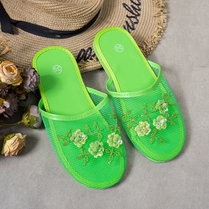 Women's Fashion Beaded Floral Slides - Lightweight Summer Indoor Shoes with Breathable Mesh, Almond Toe & EVA Sole